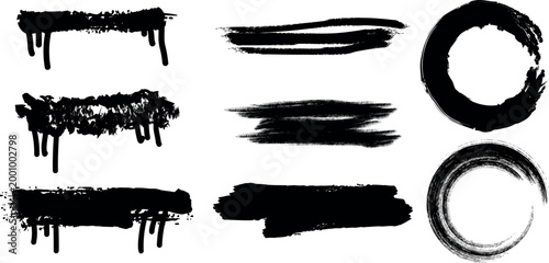 Abstract black brush strokes collection diverse ink splatters smudges and textured shapes for artistic design elements