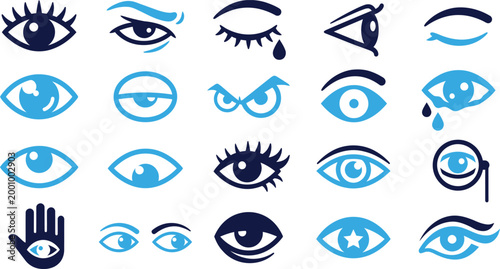 Eye icons set with different expressions and symbols for vision and observation.