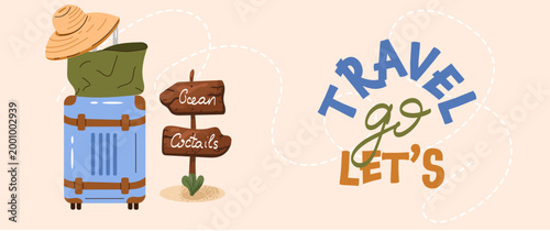 Horizontal travel banner featuring a suitcase with a summer hat, a wooden destination signpost. Perfect for travel and vacation designs