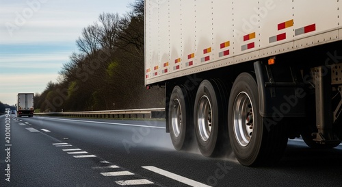 Close-up of a white semi-trailer truck's rear wheels driving on a highway, kicking up dust