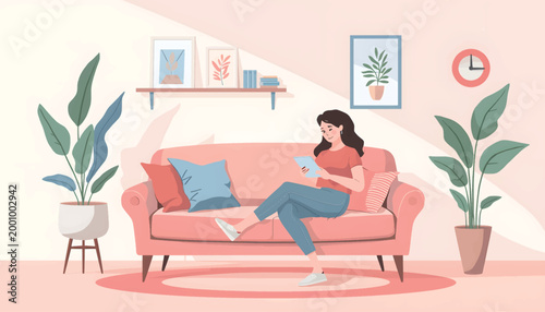 young woman sitting on a sofa and reading a book