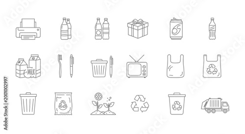 Collection of minimalist line icons representing everyday objects and environmental concepts