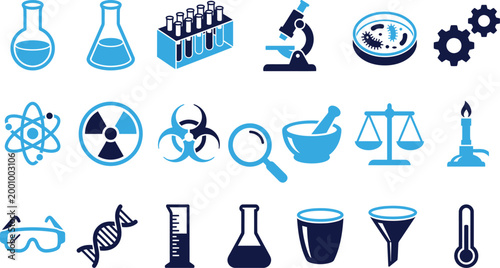 Science and research icons set featuring lab equipment and scientific symbols.
