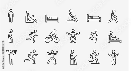 Collection of minimalist line icons depicting various human poses and activities