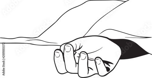 A hand with a black sleeve reaches out from beneath a bed sheet or blanket on a white background.