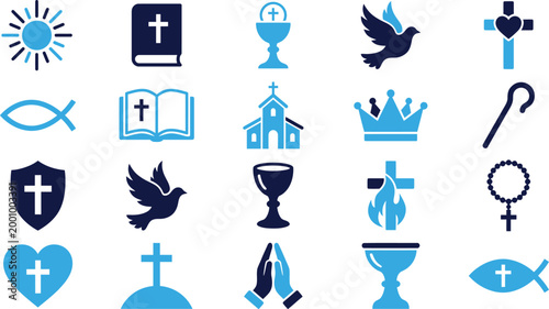 Religious symbols icons set blue and navy colors Christian faith elements isolated on white background.