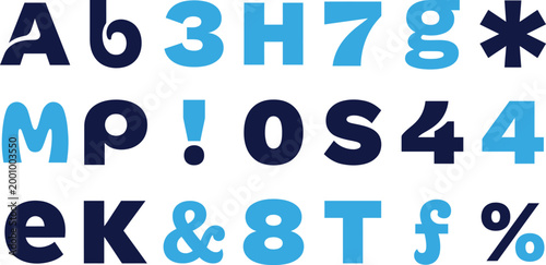 Set of letters, numbers, and symbols in blue and navy, for typography, design, and educational purposes, isolated.