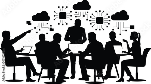 business team, silhouette, meeting, laptops, cloud computing, technology, networking, collaboration, office, workgroup, computer, i Silhouette of business team with laptops and cloud computing symbols