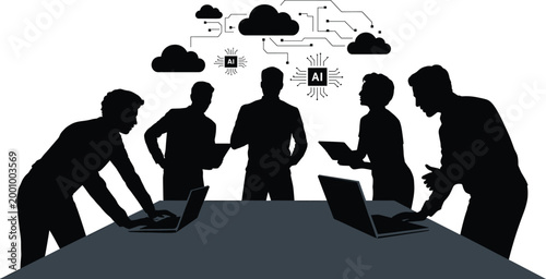 people, silhouette, laptops, computers, table, meeting, teamwork, collaboration, cloud computing, ai, artificial intelligence, Silhouette of people working with laptops, ai and cloud computing concept