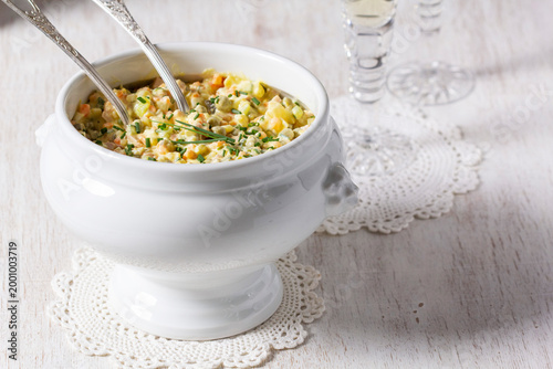 Olivier Russian Salad with Champagne Glasses, Festive Table Setting