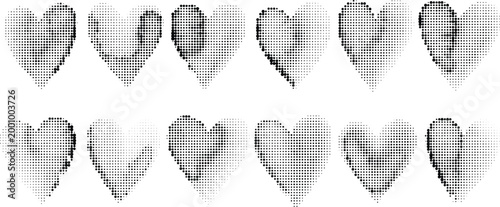 Halftone heart icons set collection of monochrome romantic love symbols in pop art style on transparent background.