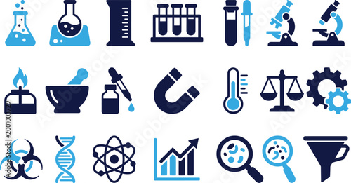 Science laboratory equipment icons including beakers test tubes microscope magnets and DNA for research and discovery themes.