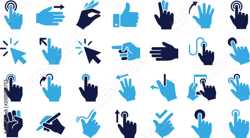 Collection of twenty five blue and navy hand gesture icons for digital touch screen and interface interaction.