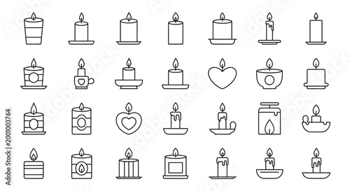 Collection of minimalist candle icons in black and white line art style