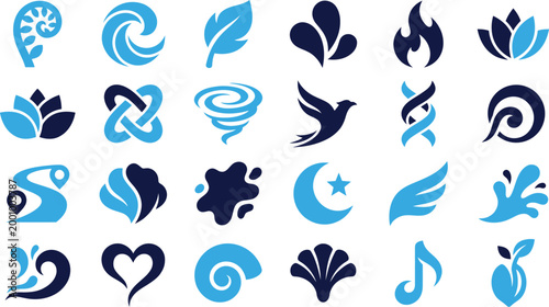 Nature and elemental symbols collection with water fire earth air leaf flower feather and abstract organic shapes.