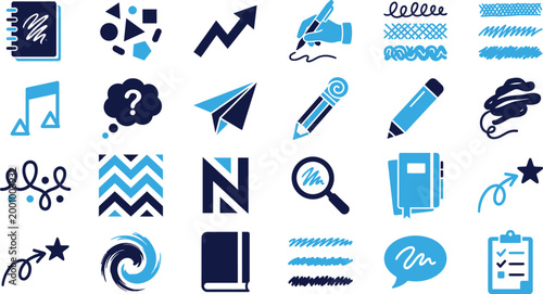 Creative and educational icons set including notebook pencil paper airplane question mark and artistic doodle for learning.