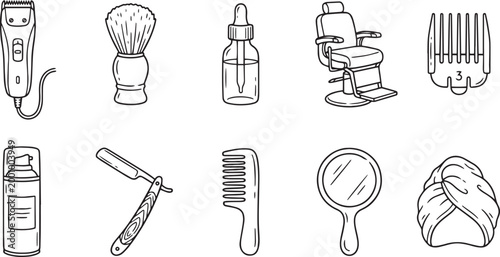 Barber shop tools equipment vector illustration clippers razors chairs accessories