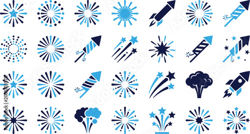 Set of blue and dark blue fireworks and rockets icons symbols for celebration isolated on white background.