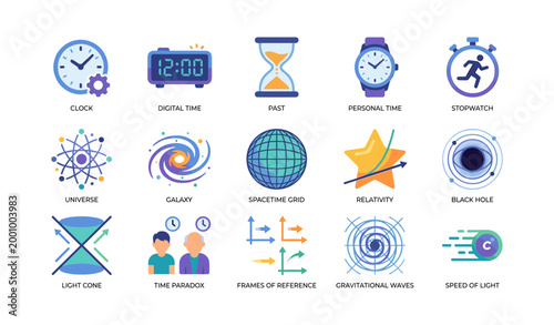 Time and space icons illustrating clocks and cosmology concepts