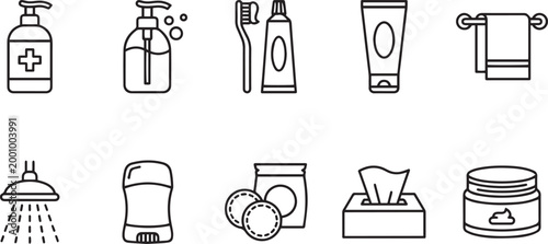 Bathroom essentials vector icons soap toothbrush towel hygiene products