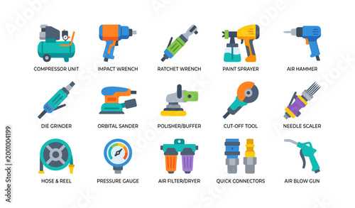 Pneumatic tools and compressor accessories icons in grid