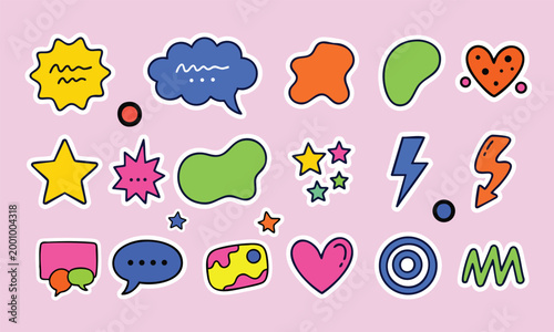 Colorful Retro Doodle Elements, Trendy Pop Art Stickers for Creative Design.