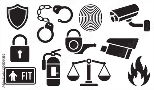 Security and police icon set with surveillance lock fingerprint and justice symbols