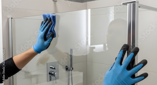 Glassworkers skilled hands clean and position a shower panel ensuring a modern bathroom installation