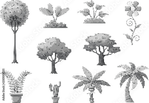 Various trees and plants in grayscale halftone effect on transparent checkered background nature.
