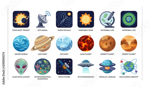 Space icons illustrating planets probes and extraterrestrial life