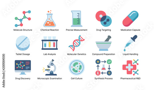Laboratory and medical icons arranged in grid on white background