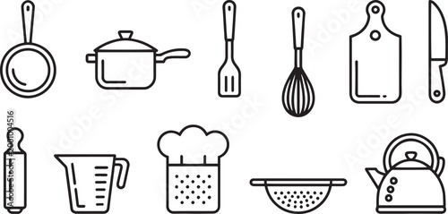 Kitchen utensils vector art frying pan pot spatula more line icons
