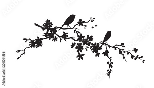 Branch silhouette with black leaves and small blossoms, decorative botanical vine for seamless pattern backgrounds and crafts