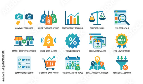 Price comparison and deal tracking icons arranged in grid on white background