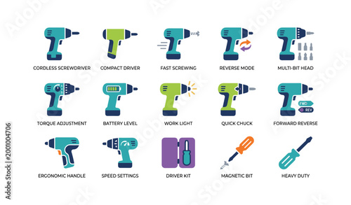 Cordless driver and tool icons grid on white background