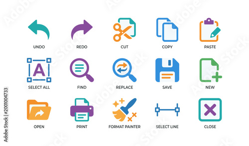 Ui editing icons showing common commands on white background