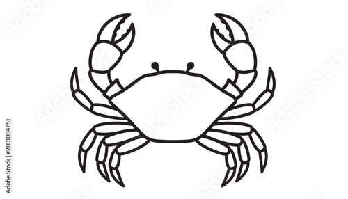 Crab line icon with claws spread and circular body, simple black outline vector illustration for marine themes