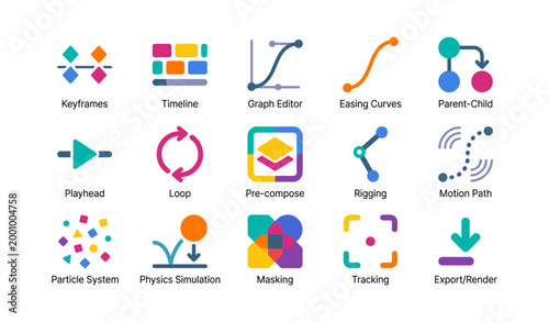 Animation tool icons arranged in grid on white background