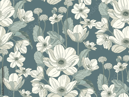 Flowers and leaves in vintage style, seamless pattern.