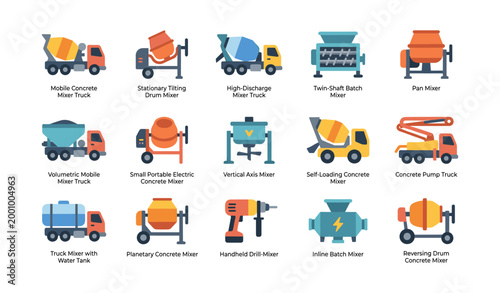 Construction mixer icons showing different concrete mixers and trucks