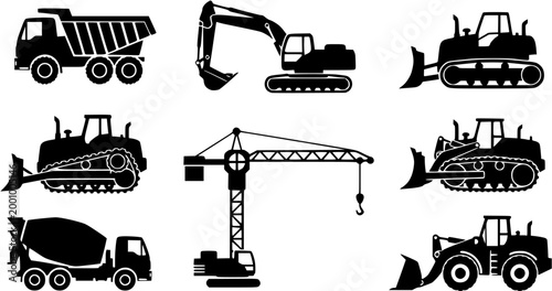 Set of silhouette of heavy construction vehicle. black and white icon truck. vector vset