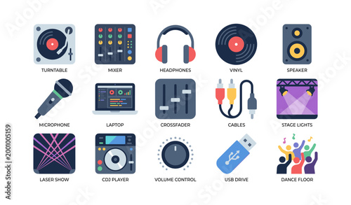 Dj and audio equipment icons arranged on white background