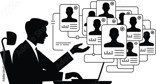 businessman, laptop, user profiles, silhouettes, black, white background, profiles, networking, digital, interface, in Businessman interacting with multiple user profiles on a laptop, black silhouette