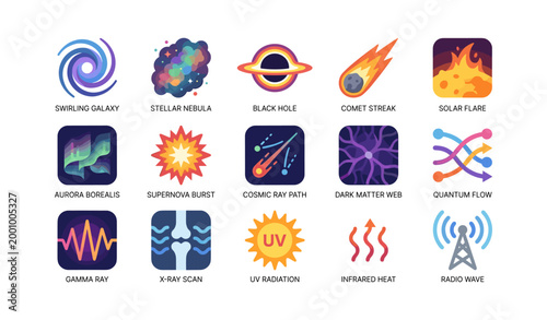 Space phenomena icons depicting cosmic events on white background
