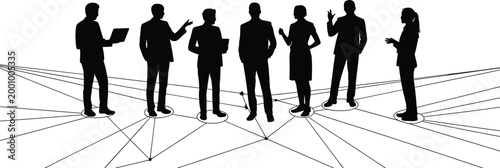 silhouettes, business people, network, connections, lines, teamwork, communication, collaboration, office, relationships, community,  Silhouettes of business people connected by lines, network concept