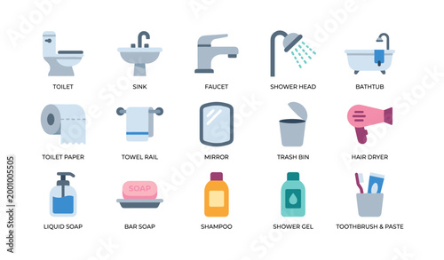 Bathroom fixture and toiletry icons arranged in grid layout
