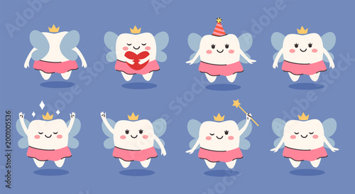 Cute tooth fairy character set for pediatric dentistry. Cartoon dental mascot collection with different poses and emotions for children dental care design.