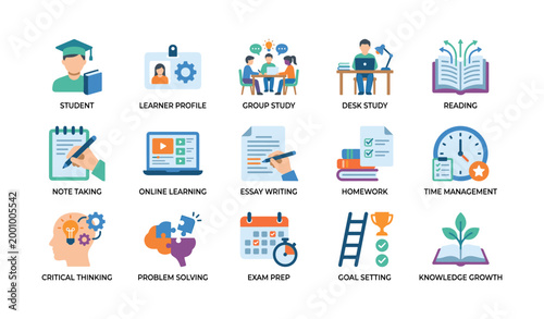 Education and study icons of learning activities on white