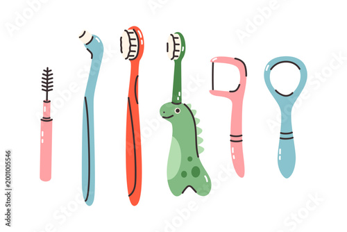 Cute dental hygiene tools set with toothbrushes, floss and tongue cleaner. Cartoon oral care accessories collection for kids and family dentistry design.