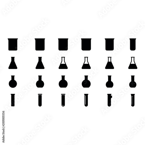 Minimalist laboratory glassware silhouettes, including round-bottom flasks, conical flasks, and test tubes, arranged in a grid layout, solid black shapes, simple geometric forms, clean vector style, n